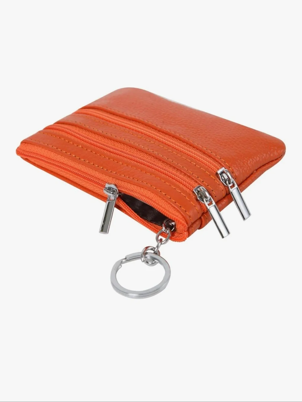 Orange Genuine Leather Mini  Zip Card Case Keyring - Picture 5 of 6